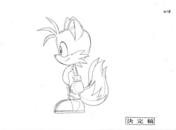 Size: 1000x738 | Tagged: safe, miles "tails" prower, japanese text, line art, looking offscreen, official artwork, production art, side view, simple background, smile, solo, sonic x, standing, white background