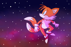Size: 1280x853 | Tagged: safe, artist:realmaturebradley, miles "tails" prower, abstract background, ear fluff, looking offscreen, mid-air, solo, star (sky)