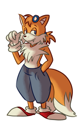 Size: 800x1200 | Tagged: safe, artist:realmaturebradley, miles "tails" prower, aged up, chest fluff, chin fluff, goggles, hand in pocket, lidded eyes, older, one fang, pants, ponytail, simple background, smile, solo, standing, white background