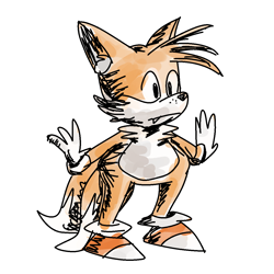 Size: 1200x1200 | Tagged: safe, artist:realmaturebradley, miles "tails" prower, arms out, chubby, frown, looking ahead, looking offscreen, one fang, simple background, sketch, solo, standing, white background
