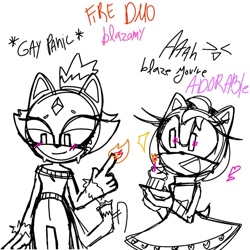 Size: 1080x1080 | Tagged: safe, artist:jazzhedgies, amy rose, blaze the cat, cat, hedgehog, 2023, amy x blaze, cute, english text, female, females only, flame, heart, lesbian, mouth open, shipping, sketch