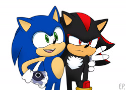 Size: 1800x1290 | Tagged: safe, artist:fennecp, shadow the hedgehog, sonic the hedgehog, sonic prime, 2024, arm around shoulders, duo, frown, gay, looking offscreen, shadow x sonic, shipping, simple background, smile, sonic prime s3, standing, v sign, white background