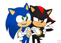 Size: 1800x1290 | Tagged: safe, artist:fennecp, shadow the hedgehog, sonic the hedgehog, sonic prime, 2024, alternate version, duo, frown, gay, heart hands, looking offscreen, shadow x sonic, shipping, simple background, smile, sonic prime s3, standing, v sign, white background