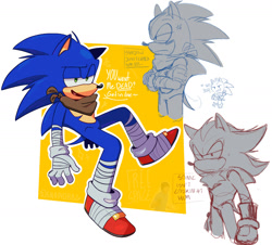 Size: 1604x1448 | Tagged: safe, artist:saikkie, shadow the hedgehog, sonic the hedgehog, abstract background, dialogue, duo, english text, frown, gay, lidded eyes, outline, shadow x sonic, shipping, smile, sonic boom (tv), sweatdrop, top surgery scars, trans male, transgender
