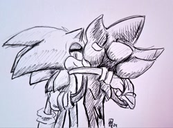Size: 2048x1518 | Tagged: safe, artist:seldompathic, shadow the hedgehog, sonic the hedgehog, sonic prime, duo, gay, holding each other, line art, shadow x sonic, shipping, signature, smile, sonic prime s3, standing, traditional media