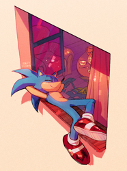 Size: 742x1000 | Tagged: safe, artist:mary-venom, sonic the hedgehog, arms behind head, curtain, eyes closed, lying down, signature, sleeping, smile, solo, window