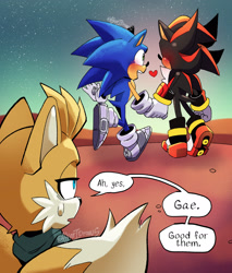 Size: 2048x2408 | Tagged: safe, artist:akarisandraws, miles "tails" prower, nine, shadow the hedgehog, sonic the hedgehog, sonic prime, abstract background, blushing, damn these bitches gay, dialogue, english text, gay, heart, holding hands, looking at them, meme, scene parody, shadow x sonic, shipping, signature, sonic prime s3, speech bubble, standing, sweatdrop, trio