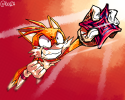 Size: 2000x1600 | Tagged: safe, artist:kayllacat, miles "tails" prower, sonic forces, 2021, abstract background, clenched teeth, holding something, phantom ruby, signature, solo