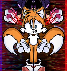 Size: 962x1016 | Tagged: safe, artist:borisbrrlx, miles "tails" prower, sonic the hedgehog, oc, oc:sonic.exe, 2023, abstract background, black sclera, blood, clenched teeth, duo, glitch, puppetry, scared, shrunken pupils, signature, standing