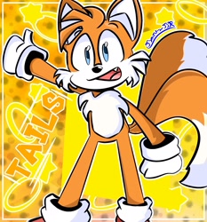 Size: 1822x1958 | Tagged: safe, artist:borisbrrlx, miles "tails" prower, 2022, abstract background, character name, mouth open, one fang, outline, signature, smile, solo, standing, star (symbol)