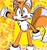 Size: 1822x1958 | Tagged: safe, artist:borisbrrlx, miles "tails" prower, 2022, abstract background, character name, male, mouth open, needs more jpeg, one fang, open smile, outline, signature, smile, solo, standing, star (symbol), white outline