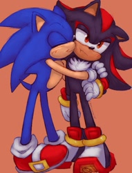Size: 1313x1718 | Tagged: safe, artist:crunchchute, shadow the hedgehog, sonic the hedgehog, 2024, blushing, cute, duo, gay, hugging, orange background, shadow x sonic, shipping, simple background, sonabetes