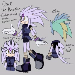 Size: 2048x2048 | Tagged: safe, artist:tsubomiiiii, oc, oc:opal the porcupine, porcupine, character name, clothes, english text, fankid, grey background, magical gay spawn, oc only, parent:espio, parent:silver, parents:silvio, purple fur, reference sheet, signature, simple background, smile, solo, yellow eyes