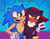 Size: 1461x1140 | Tagged: safe, artist:aroflowey, shadow the hedgehog, sonic the hedgehog, sonic prime, abstract background, arm around shoulders, beanbrows, cheek fluff, chest fluff, duo, ear fluff, frown, gay, mouth open, outline, redraw, shadow x sonic, shipping, signature, smile, sonic prime s3, standing, v sign, yellow sclera