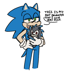 Size: 596x676 | Tagged: safe, artist:braingutzz, sonic the hedgehog, oc, oc:static the hedgehog, hedgehog, baby, black fur, carrying them, colored quills, dialogue, duo, english text, father and daughter, hand on hip, lidded eyes, magical gay spawn, parent:shadow, parent:sonic, parents:sonadow, red eyes, simple background, smile, standing, white background