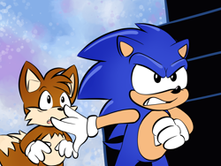 Size: 1600x1200 | Tagged: safe, artist:0vergrowngraveyard, miles "tails" prower, sonic the hedgehog, adventures of sonic the hedgehog, abstract background, duo, looking ahead, looking offscreen, redraw