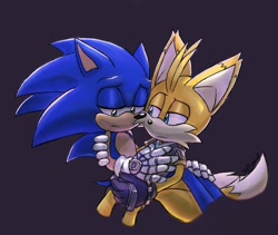Size: 2048x1731 | Tagged: safe, artist:jeffydust, miles "tails" prower, nine, sonic the hedgehog, sonic prime, duo, frown, gay, holding each other, lidded eyes, looking at them, looking down, nine x sonic, purple background, sad, shipping, simple background, sitting, sonic x tails