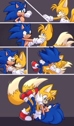 Size: 1080x1840 | Tagged: safe, artist:jeffydust, miles "tails" prower, sonic the hedgehog, comic, cute, duo, gay, holding each other, looking at each other, panels, shipping, simple background, smile, sonic x tails, sweatdrop
