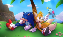 Size: 1840x1080 | Tagged: safe, artist:jeffydust, miles "tails" prower, sonic the hedgehog, chao, abstract background, chao garden, clouds, flower, gay, grass, group, neutral chao, outdoors, shipping, sitting, smile, sonic x tails, tree, under a tree