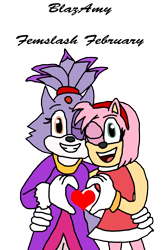 Size: 1328x2000 | Tagged: safe, artist:horroraceman93, amy rose, blaze the cat, cat, hedgehog, 2020, amy x blaze, amy's halterneck dress, blaze's tailcoat, clenched teeth, cute, english text, female, females only, hand on hip, heart, heart hands, lesbian, mouth open, one eye closed, shipping