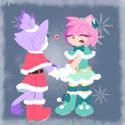 Size: 2048x2048 | Tagged: safe, artist:wormshrimp, amy rose, blaze the cat, cat, hedgehog, 2024, amy x blaze, christmas, christmas outfit, cute, eyes closed, female, females only, heart, holding hands, lesbian, looking at them, mouth open, shipping