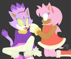 Size: 540x450 | Tagged: safe, artist:sonicdrift2, amy rose, blaze the cat, cat, hedgehog, 2019, amy x blaze, amy's halterneck dress, blaze's tailcoat, cute, feeding, female, females only, lesbian, looking at them, mouth open, shipping