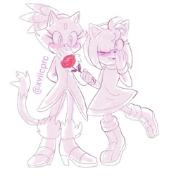 Size: 540x540 | Tagged: safe, artist:xviicprc, amy rose, blaze the cat, cat, hedgehog, 2019, amy x blaze, amy's halterneck dress, blaze's tailcoat, blushing, cute, female, females only, flower, hand behind back, hand on cheek, hand on mouth, lesbian, mouth open, one eye closed, shipping