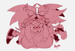 Size: 1018x698 | Tagged: safe, artist:sonadowdaily, knuckles the echidna, shadow the hedgehog, sonic the hedgehog, eyes closed, gay, heart, kiss, knuxadow, knuxonadow, knuxonic, polyamory, shadow x sonic, shipping, signature, simple background, sonic boom (tv), trio, white background