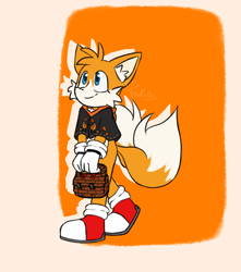 Size: 1500x1700 | Tagged: safe, artist:justtsukimoon, miles "tails" prower, abstract background, basket, holding something, looking up, poncho, signature, smile, solo, walking