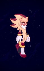 Size: 640x1033 | Tagged: safe, artist:glitchedcosmos, shadow the hedgehog, super shadow, 2024, abstract background, flying, frown, lidded eyes, mid-air, solo, star (sky), super form