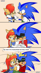 Size: 1230x2180 | Tagged: safe, artist:risziarts, sally acorn, sonic the hedgehog, chipmunk, hedgehog, 25/30 years later, 5 years later, au:sonic world travel, blue power pattern, cyan power pattern, king sonic, queen sally acorn, roboticized, shipping, sonally, straight