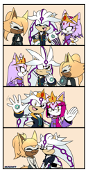 Size: 933x1839 | Tagged: safe, artist:risziarts, blaze the cat, silver the hedgehog, whisper the wolf, cat, hedgehog, wolf, 25/30 years later, 5 years later, au:sonic world travel, awkward, other power patterns, prosthetic, shipping, silvaze, silvisper, straight