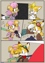 Size: 1347x1863 | Tagged: safe, artist:risziarts, miles "tails" prower, mina mongoose, fox, hybrid, mongoose, 25/30 years later, 5 years later, au:sonic world travel, blue power pattern, blushing, kitsune, musical notes, shipping, straight, tailina, yellow power pattern
