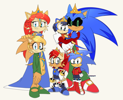 Size: 1995x1627 | Tagged: safe, artist:risziarts, manik acorn, sally acorn, sonia acorn, sonic the hedgehog, oc, oc:alicia acorn, oc:nigel acorn, chipmunk, hedgehog, 25/30 years later, au:sonic world travel, blue power pattern, cyan power pattern, family, father and daughter, father and son, king sonic, marriage ring, mother and daughter, mother and son, other power patterns, queen sally acorn, roboticized, shipping, sonally, straight
