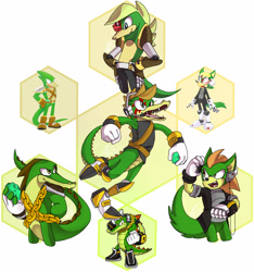 Size: 1170x1250 | Tagged: safe, artist:that-rae-of-sunshine, vector the crocodile, oc, oc:arrow the wolf, oc:cynthia the wolf, oc:cyotow the alligator, oc:cypress the lizard, oc:drago the lizard, oc:roots the crocodile, alligator, crocodile, lizard, wolf, fusion:oc, fusion:vector, hexafusion, the order emerald