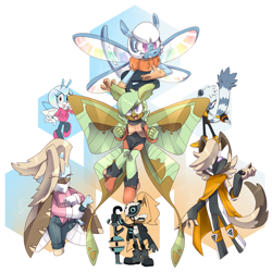 Size: 1750x1750 | Tagged: safe, artist:that-rae-of-sunshine, jewel the beetle, tangle the lemur, whisper the wolf, oc, oc:jest the maned wolf, oc:mosaic the dragonfly, oc:motist the lunar moth, oc:sting the assassin bug, beetle, lemur, wolf, bug, dragonfly, fusion:jewel, fusion:tangle, fusion:whisper, hexafusion, moth, wispon