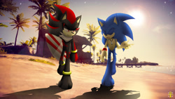 Size: 1920x1080 | Tagged: safe, artist:underworldcircle, shadow the hedgehog, sonic the hedgehog, surfboard