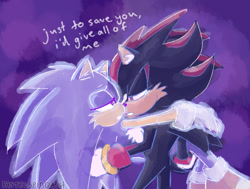 Size: 1458x1102 | Tagged: safe, artist:pastelspindash, shadow the hedgehog, sonic the hedgehog, sonic prime, 2024, abstract background, carrying them, dialogue, duo, english text, gay, holding each other, lidded eyes, looking at each other, shadow x sonic, shipping, sonic prime s3