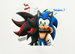 Size: 2048x1463 | Tagged: safe, artist:the-brucest-fan, shadow the hedgehog, sonic the hedgehog, sonic prime, dialogue, duo, english text, gay, hugging, shadow x sonic, shipping, signature, sonic prime s3, surprised, traditional media