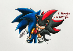 Size: 2048x1452 | Tagged: safe, artist:the-brucest-fan, shadow the hedgehog, sonic the hedgehog, sonic prime, crying, dialogue, duo, english text, gay, hugging, shadow x sonic, shipping, signature, sonic prime s3, tears, traditional media