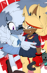 Size: 2012x3072 | Tagged: safe, artist:buddyhyped, tangle the lemur, whisper the wolf, abstract background, cosplay, crossover, double v sign, duo, frown, kill la kill, lesbian, one eye closed, schoolgirl outfit, shipping, signature, smile, tangle x whisper, wink