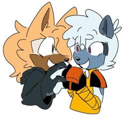 Size: 1080x1019 | Tagged: safe, artist:miles-deerbun, tangle the lemur, whisper the wolf, bust, duo, eye clipping through hair, eyebrow clipping through hair, flat colors, holding hands, lesbian, looking at each other, shipping, simple background, smile, tangle x whisper, white background