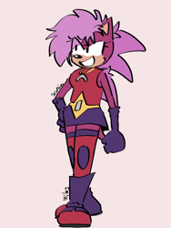 Size: 1200x1600 | Tagged: safe, artist:miles-deerbun, sonia the hedgehog, hedgehog, eye clipping through hair, flat colors, grey background, looking offscreen, signature, simple background, smile, solo, standing
