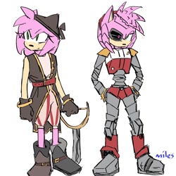 Size: 1200x1200 | Tagged: safe, artist:miles-deerbun, amy rose, sonic prime, black rose, cyborg, duo, flat colors, frown, holding something, rusty rose, self paradox, signature, simple background, smile, standing, white background