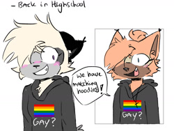 Size: 1600x1200 | Tagged: safe, artist:miles-deerbun, tangle the lemur, whisper the wolf, aged down, blushing, dialogue, duo, english text, flat colors, hair over one eye, hoodie, lesbian, pride flag, shipping, shirt, simple background, speech bubble, tangle x whisper, teenager, white background, words on a shirt