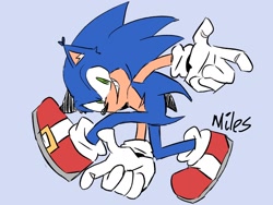 Size: 1600x1200 | Tagged: safe, artist:miles-deerbun, sonic the hedgehog, sonic adventure, blue background, ear fluff, flat colors, looking at viewer, pointing, posing, redraw, signature, simple background, smile, solo, top surgery scars, trans male, transgender