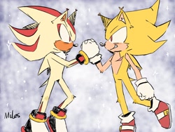 Size: 1600x1200 | Tagged: safe, artist:miles-deerbun, shadow the hedgehog, sonic the hedgehog, super shadow, super sonic, sonic adventure 2, abstract background, duo, ear fluff, flat colors, flying, frown, holding hands, looking at each other, redraw, shadow x sonic, shipping, signature, smile, super form, top surgery scars, trans male, transgender