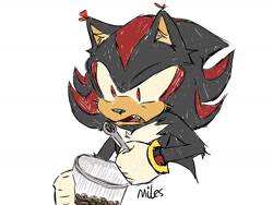 Size: 1600x1200 | Tagged: safe, artist:miles-deerbun, shadow the hedgehog, bust, coffee beans, ear fluff, holding something, mouth open, signature, simple background, solo, white background
