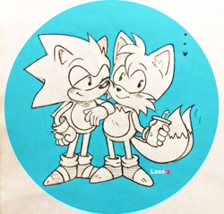 Size: 1280x1224 | Tagged: safe, artist:waifurrita, miles "tails" prower, sonic the hedgehog, abstract background, blushing, classic sonic, classic tails, drink, duo, gay, heart, holding something, looking at them, looking at viewer, milkshake, shipping, smile, sonic x tails, standing, wink