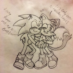 Size: 1280x1280 | Tagged: safe, artist:waifurrita, miles "tails" prower, sonic the hedgehog, blushing, cute, dialogue, duo, english text, eyes closed, gay, holding hands, holding them, line art, one eye closed, pencilwork, shipping, sonic x tails, standing, traditional media